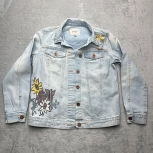 Jessica Simpson Womens Denim Jacket Floral Butterfly Embroidered Size L